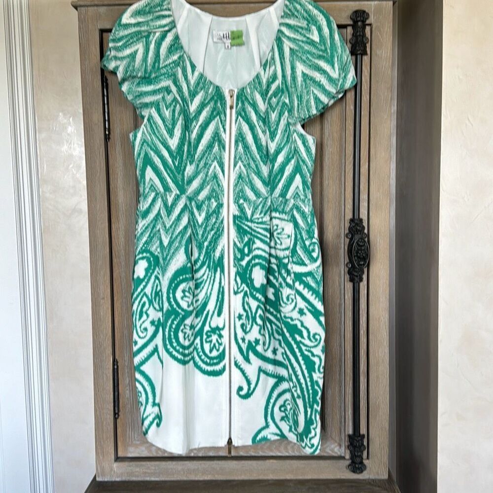 Tibi Silk Abstract Paisley Print Zip Front Dress Puff Sleeves Green White Size 6